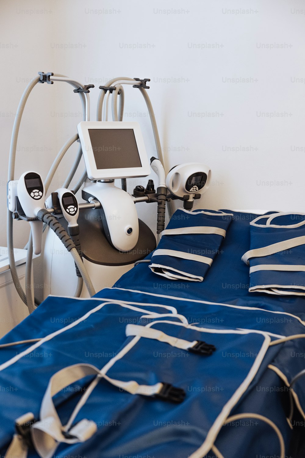 a hospital room with a bed and a monitor