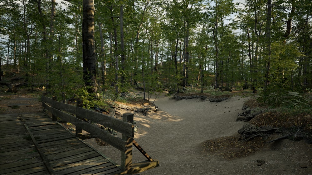 a wooden bench sitting in the middle of a forest