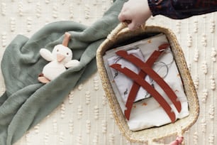 a person holding a basket with a stuffed animal in it