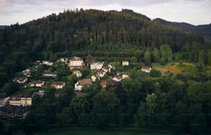 an aerial view of a small village nestled in a forested area