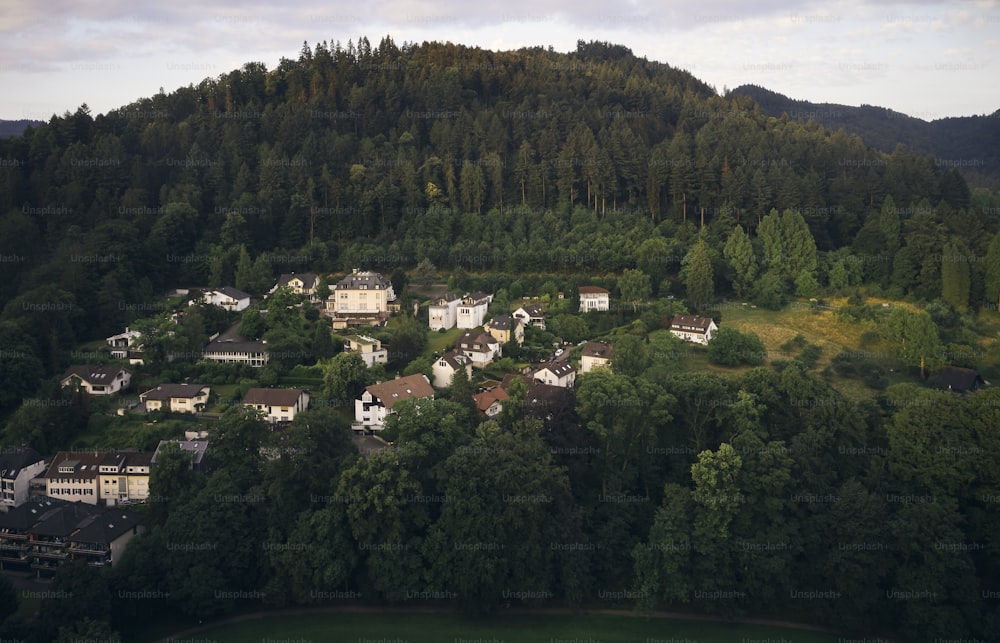 an aerial view of a small village nestled in a forested area