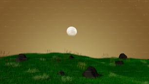 満月の下の岩と草のある草が茂った丘