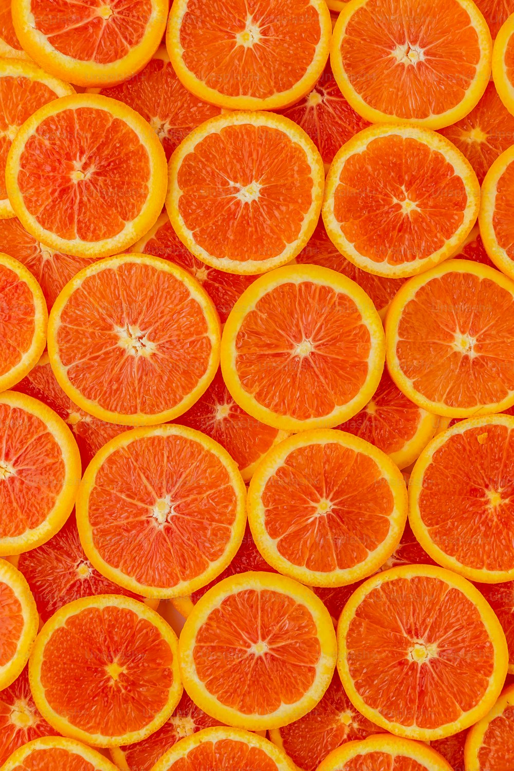 a bunch of oranges that are cut in half