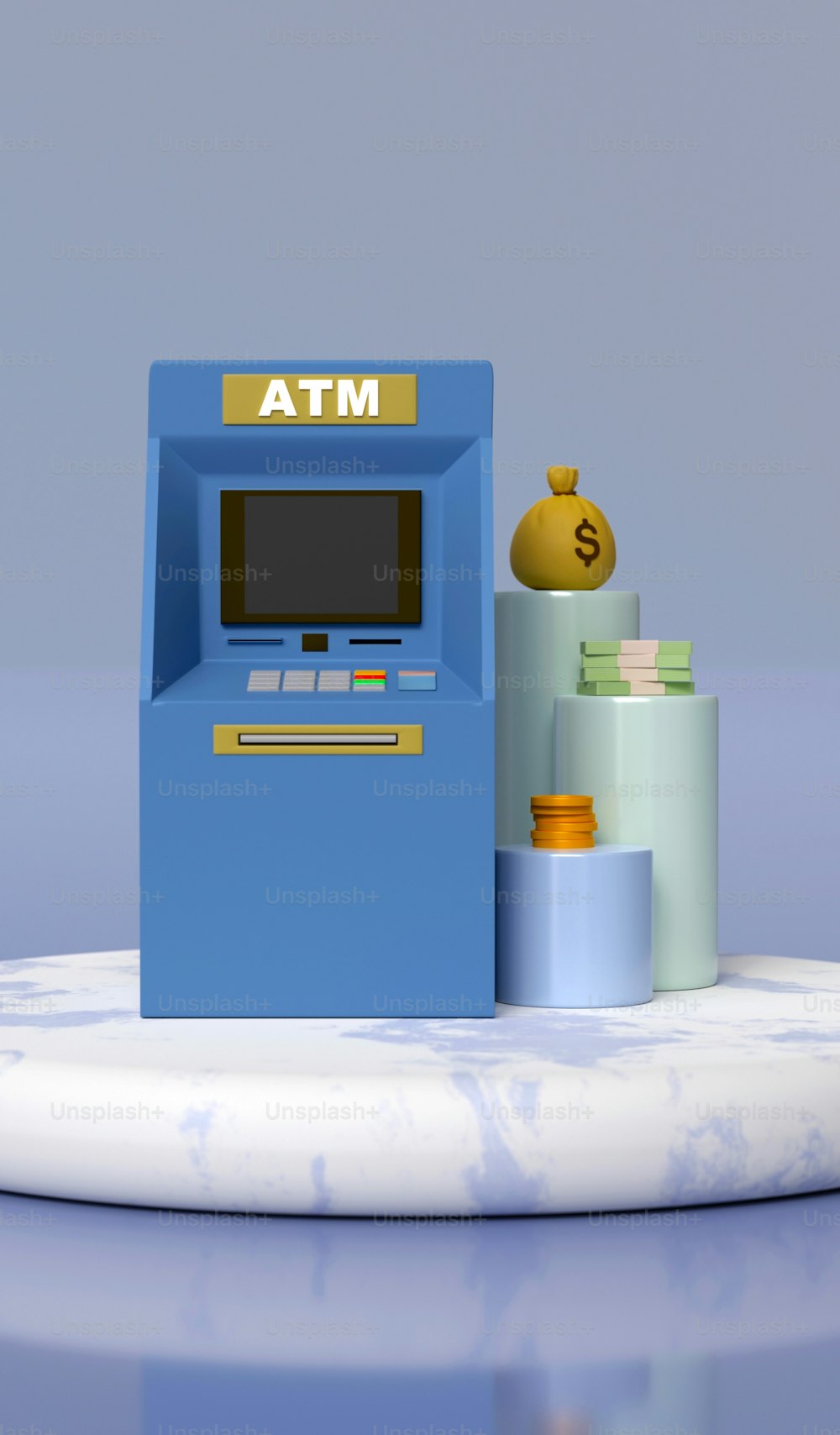 테이블 위에 앉아 있는 파란색 ATM 기계