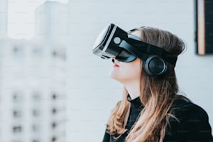 a woman wearing a virtual reality headset
