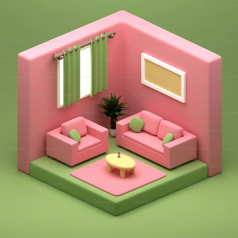 a living room with a couch, chair, table and a potted plant