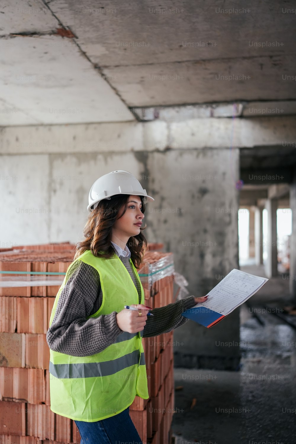 a woman in a hard hat holding a piece of paper