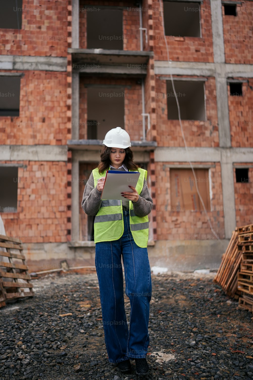 a woman in a hard hat and safety vest standing in front of a brick building