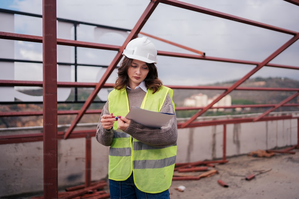 a woman in a safety vest holding a clipboard