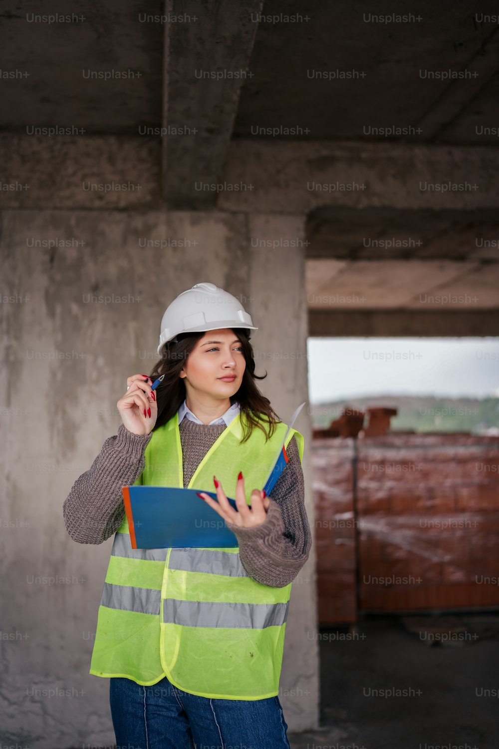 a woman in a hard hat and safety vest holding a clipboard