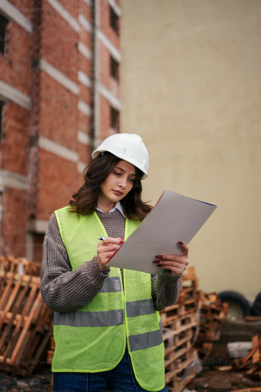 a woman in a safety vest is holding a clipboard