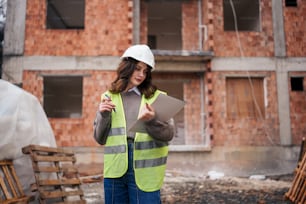 a woman in a safety vest pointing at something