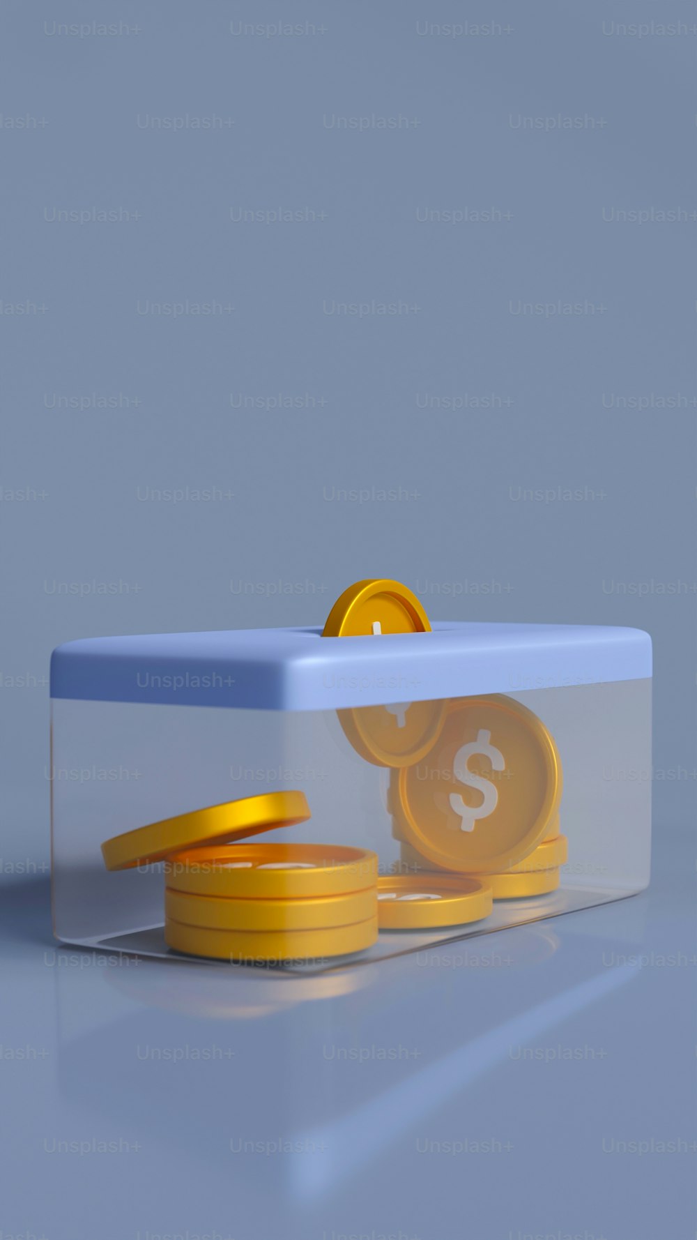 una caja azul con una moneda de dólar en su interior