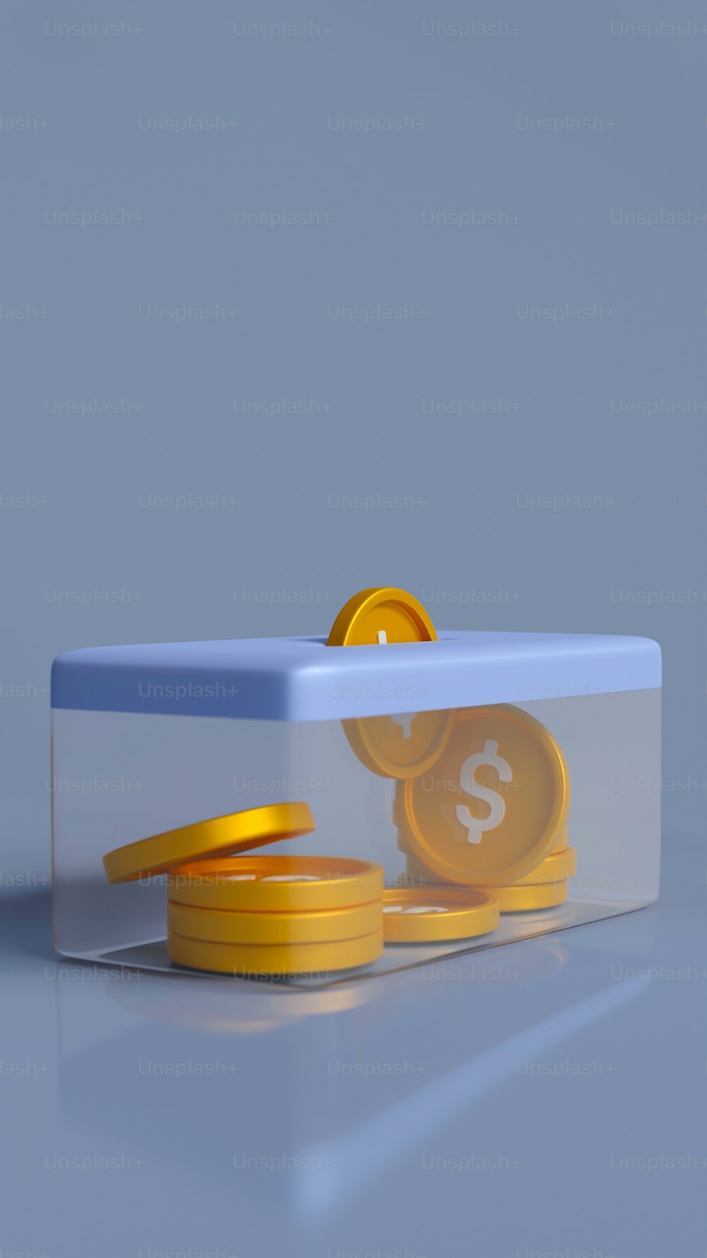 a blue box with a dollar coin inside of it