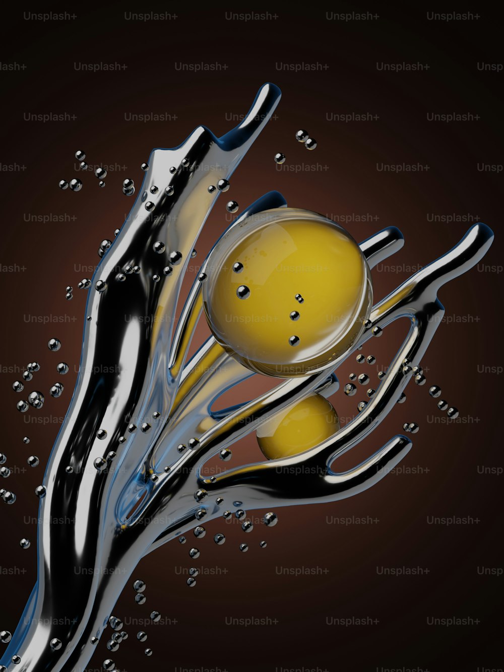 a yellow object floating in water on a black background