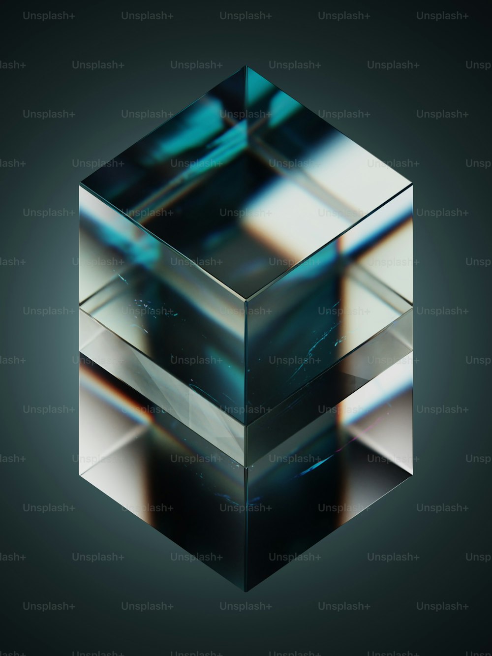 a cube of glass on a black background