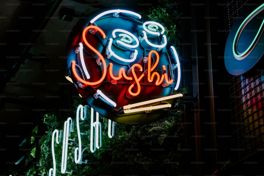 a neon sign that says sushi on it