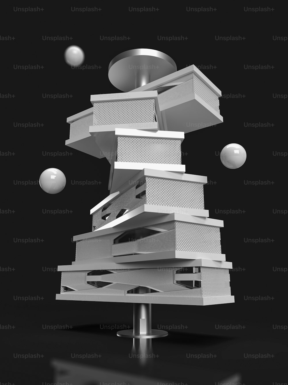 a model of a building with balls flying around it
