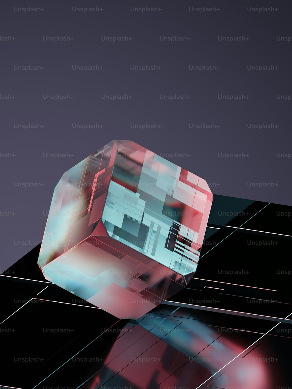 uma imagem abstrata de um cubo em uma superfície preta