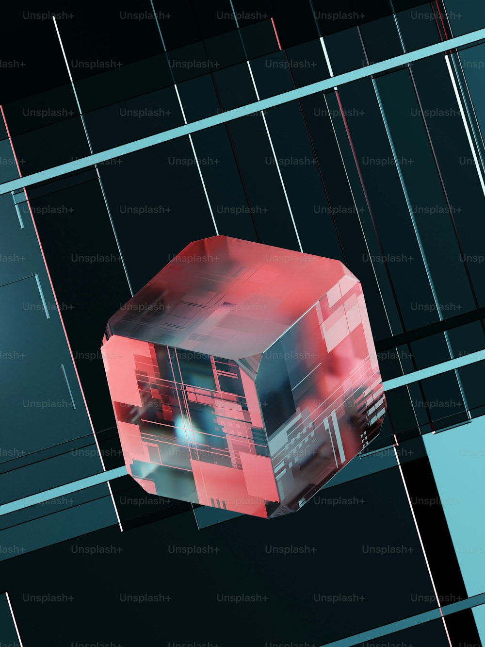 Un'immagine astratta di un cubo in rosso e nero