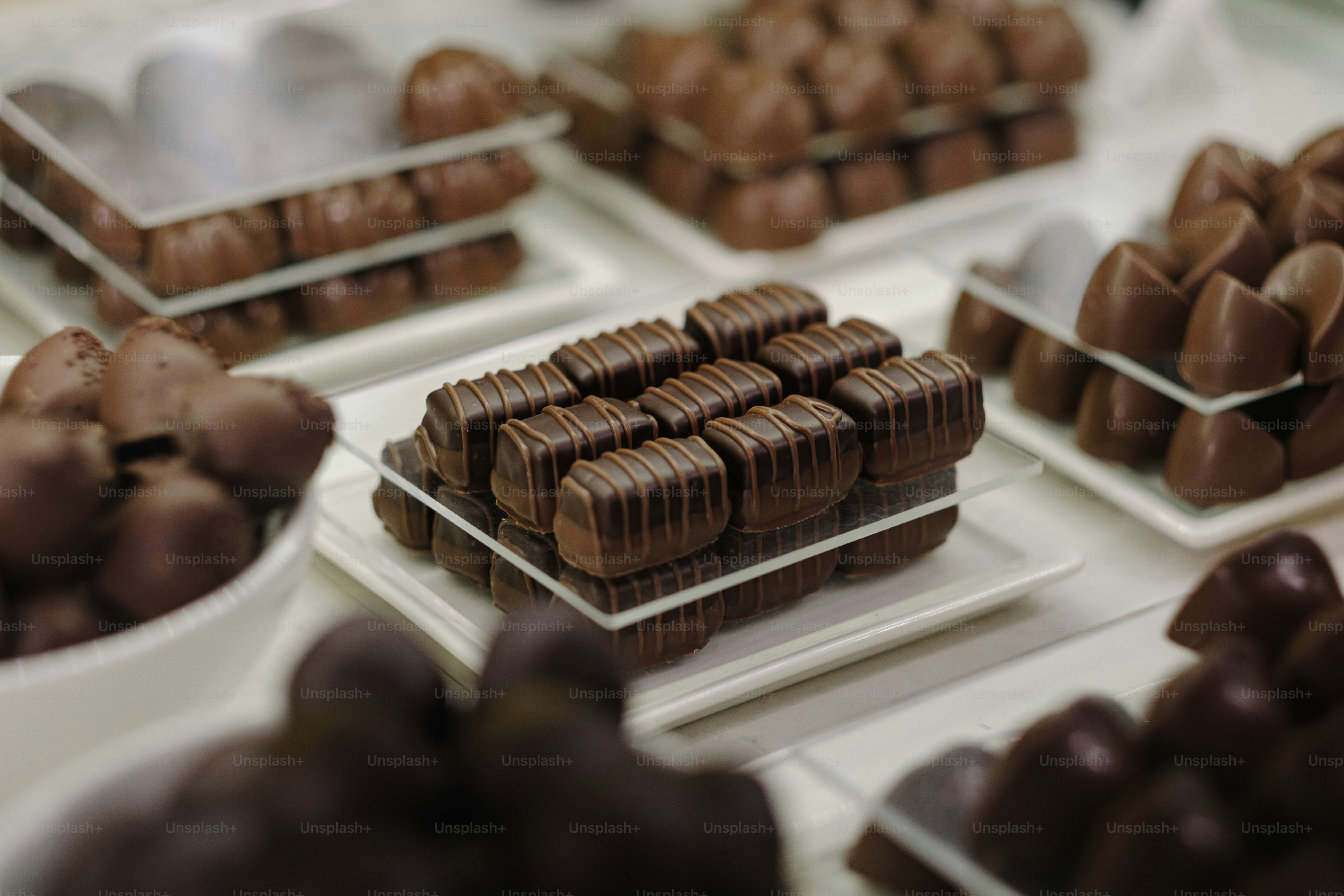 Chocolate candies on display.