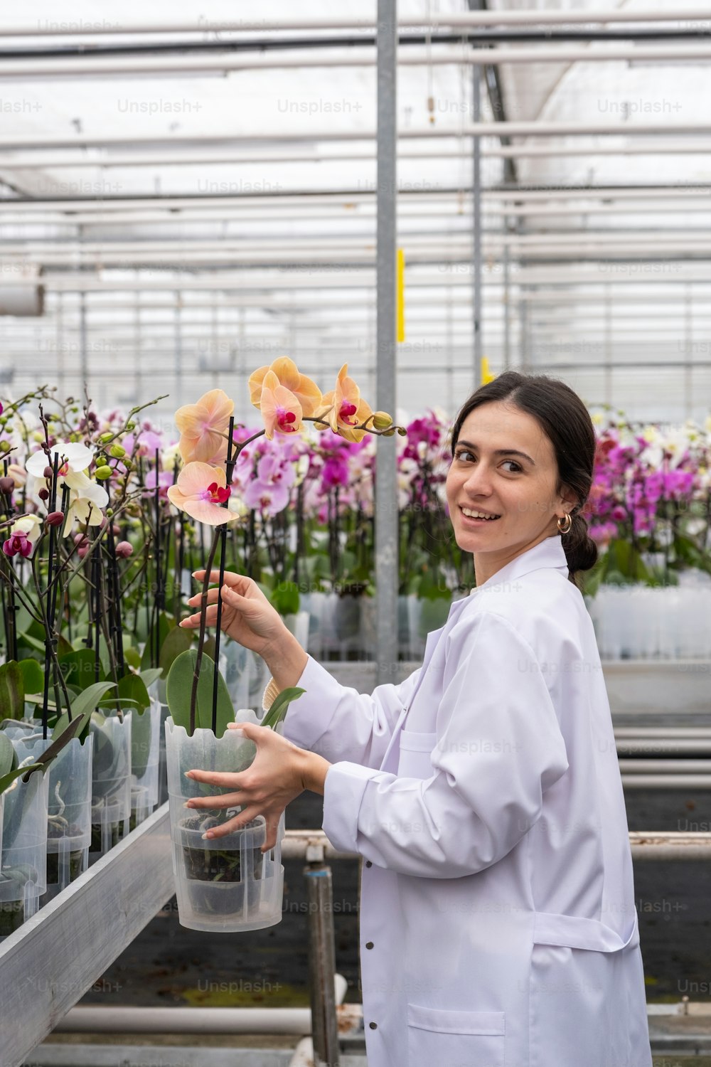 하얀 실험실 코트를 입은 여자가 꽃 냄비를 들고 있다