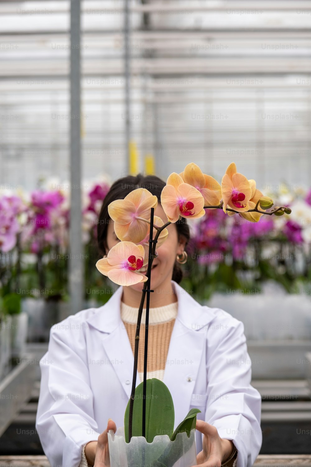 una mujer sosteniendo una flor en un invernadero