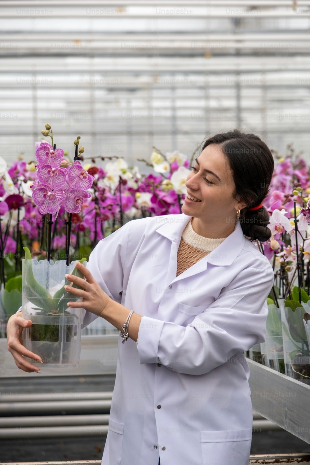 Una mujer con una bata blanca de laboratorio sosteniendo una planta en maceta