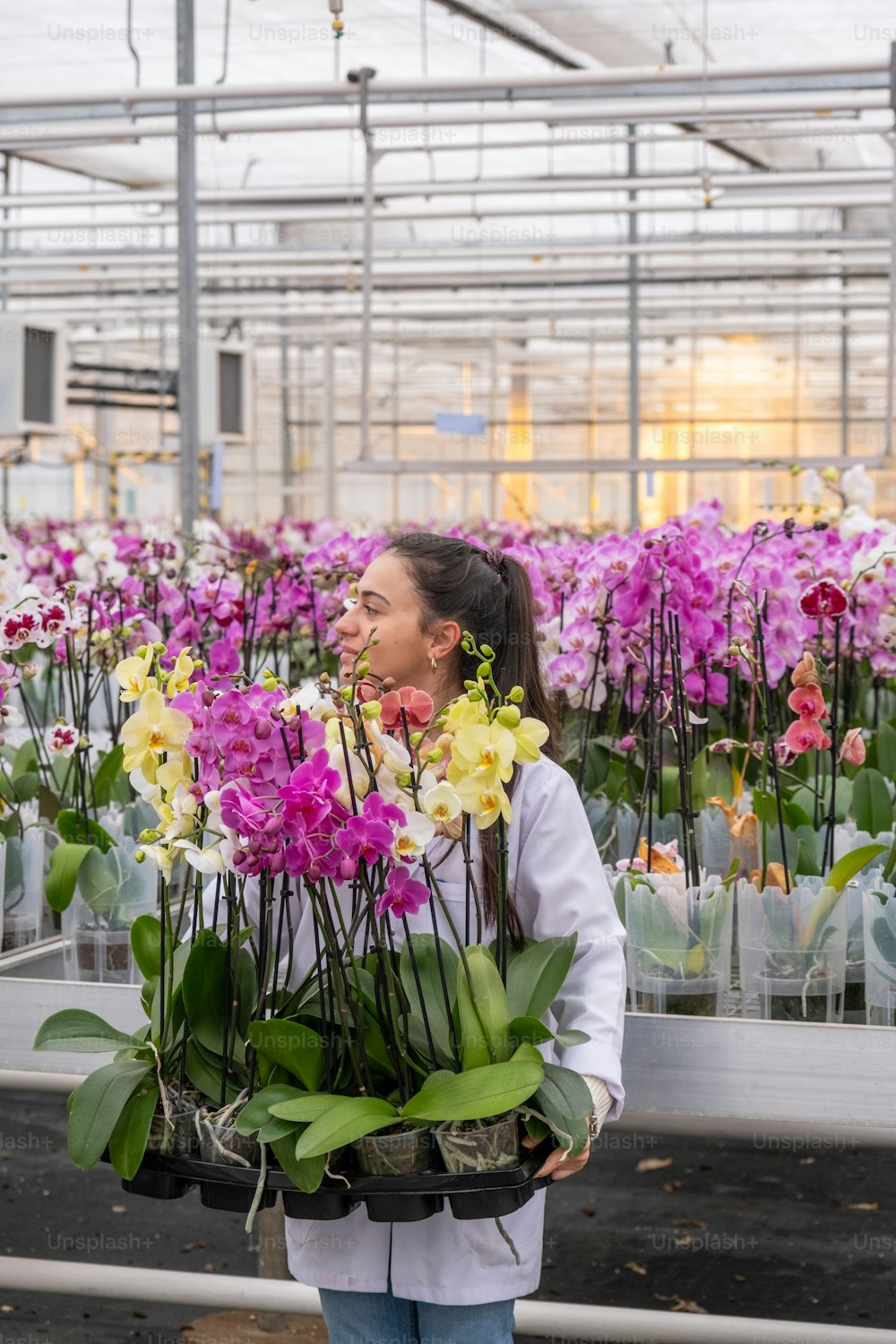 a woman holding a bunch of flowers in a greenhouse