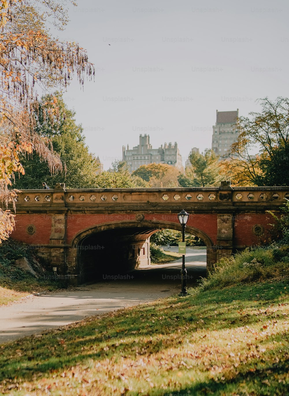 a bridge over a small stream in a park