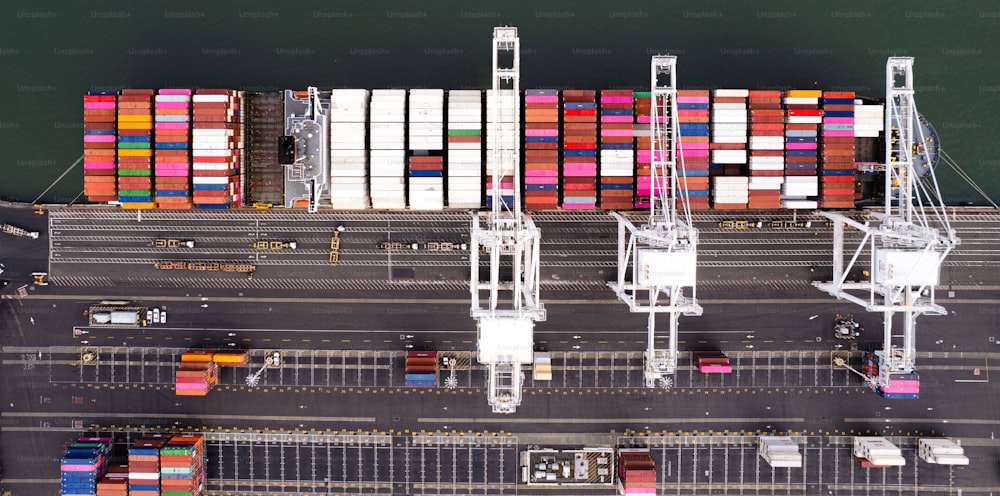 an aerial view of a large container ship