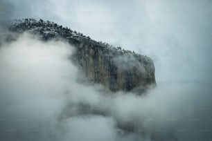 uma montanha coberta de nevoeiro com árvores no topo dela