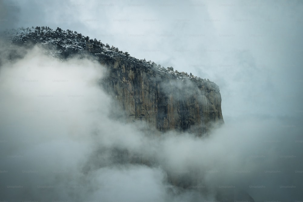 a mountain covered in fog with trees on top of it