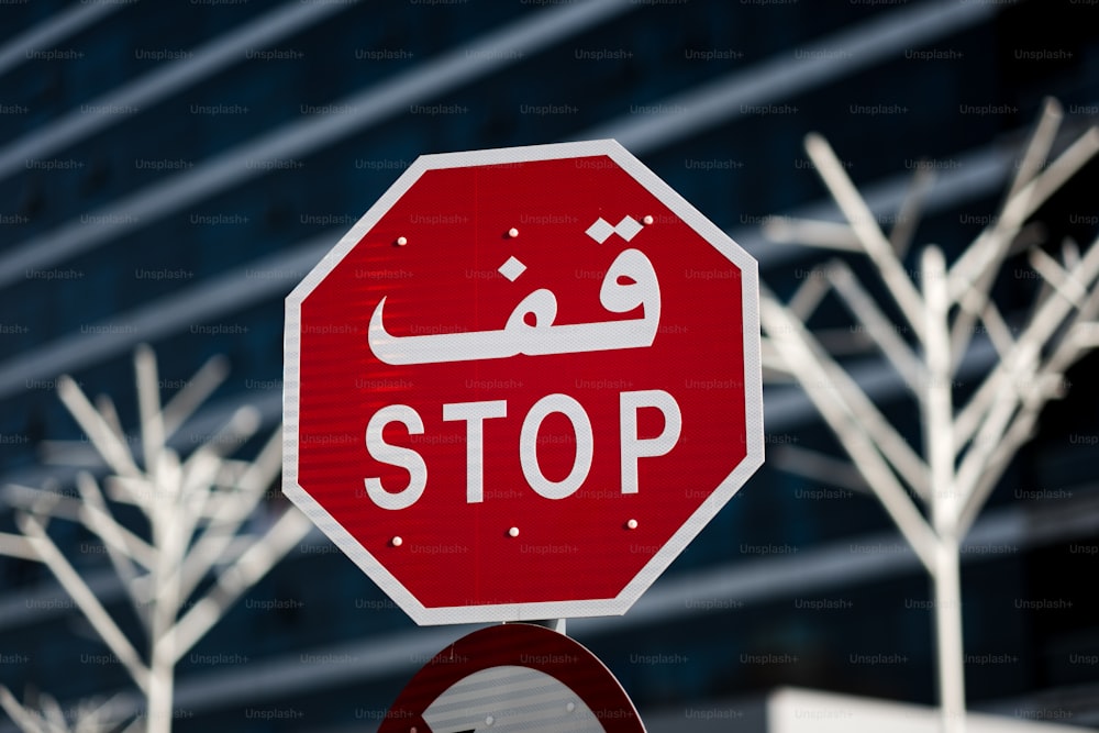 Una señal de alto con escritura árabe en ella