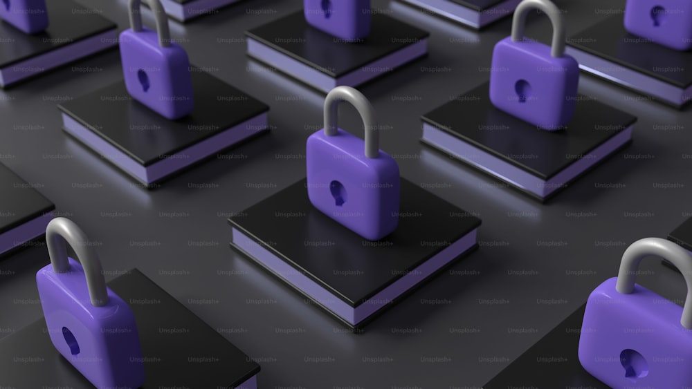 a bunch of purple padlocks sitting on top of each other