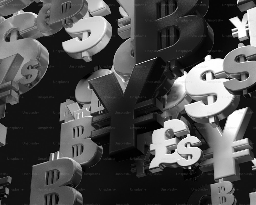 Une photo en noir et blanc d’un tas de signes de dollars