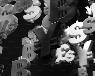 Una foto in bianco e nero di un mucchio di simboli del dollaro