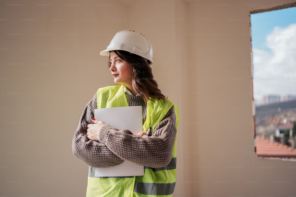 a woman in a hard hat and safety vest holding a piece of paper