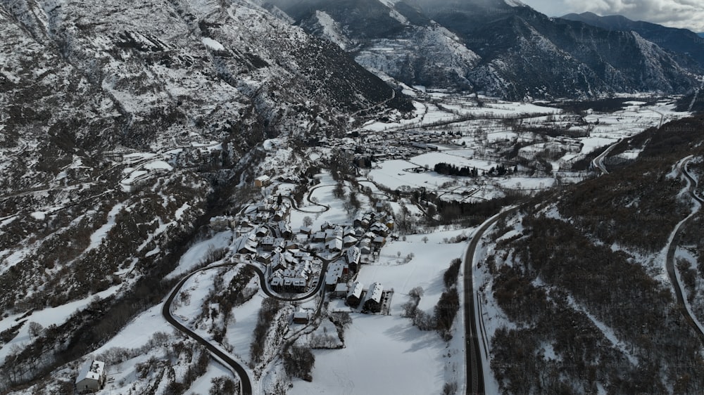 an aerial view of a snowy mountain town