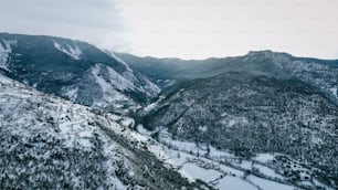 a snowy mountain range with a river running through it