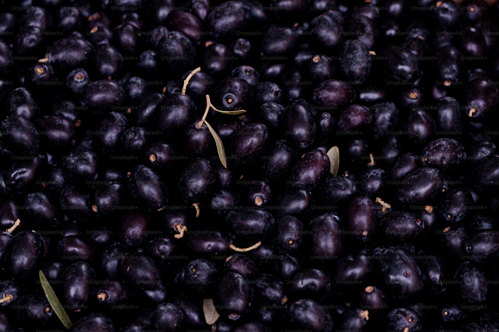 un tas d’olives noires assis sur une table