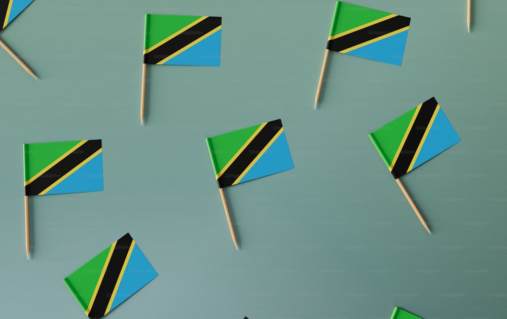 a group of small flags sitting on top of a table