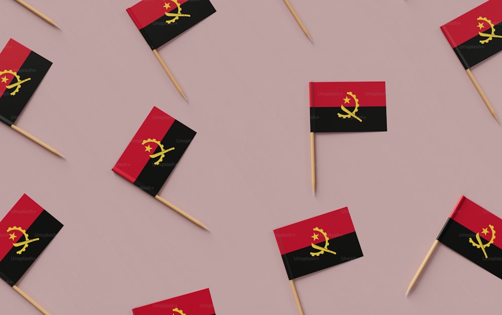 a group of small red and black flags