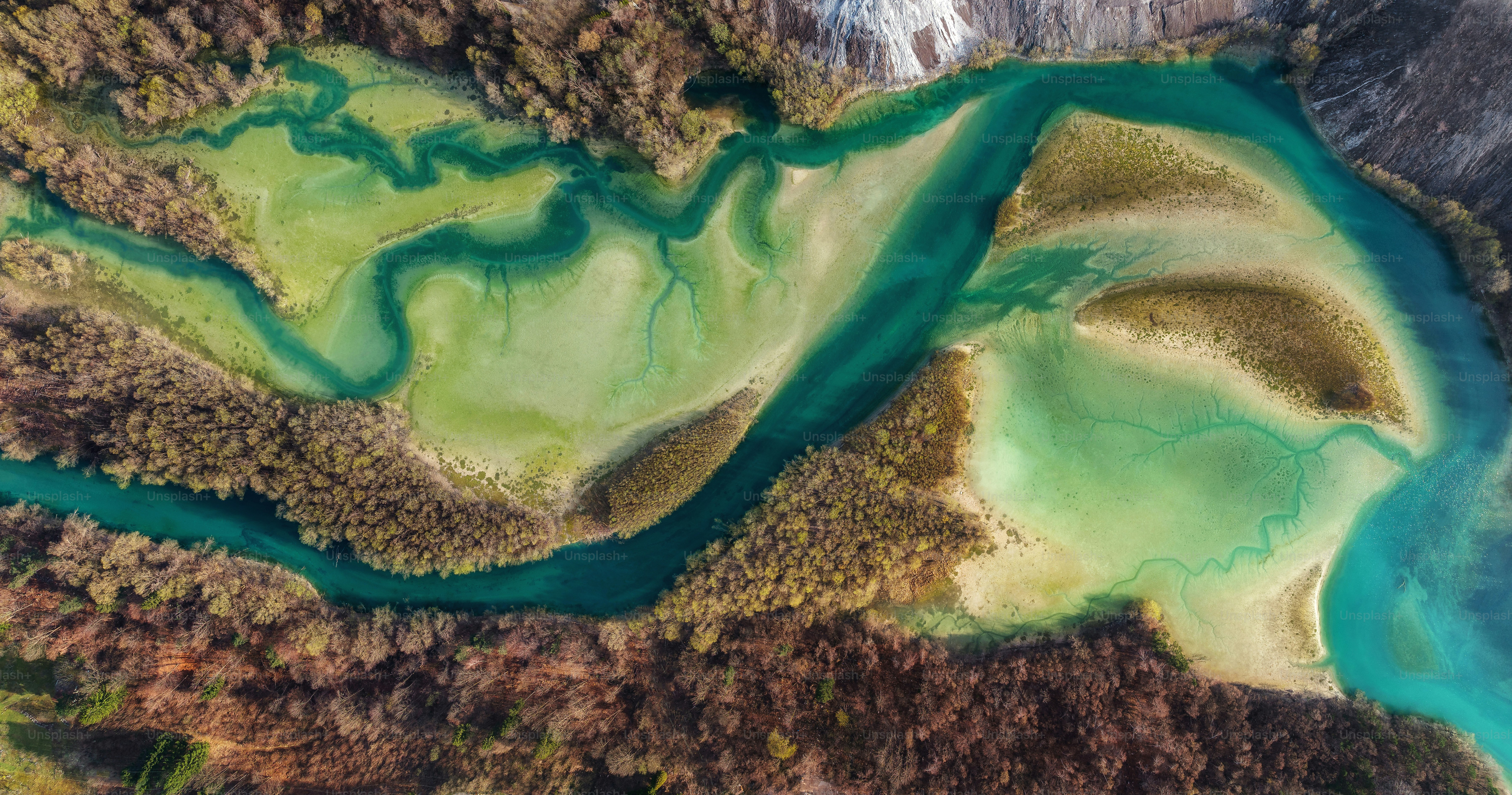 an aerial view of a river running through a forest