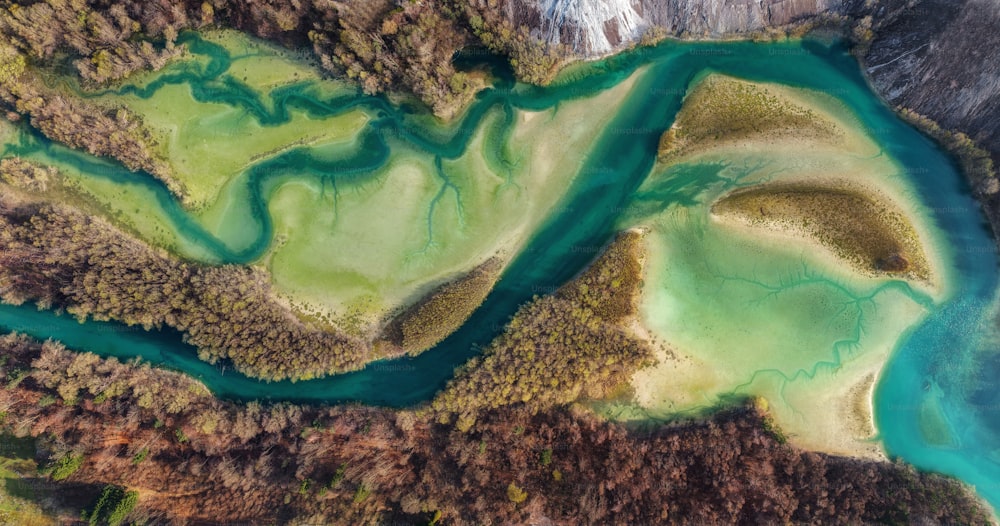 an aerial view of a river running through a forest