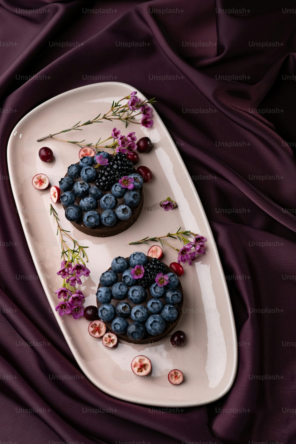 a white plate topped with two cakes covered in blueberries