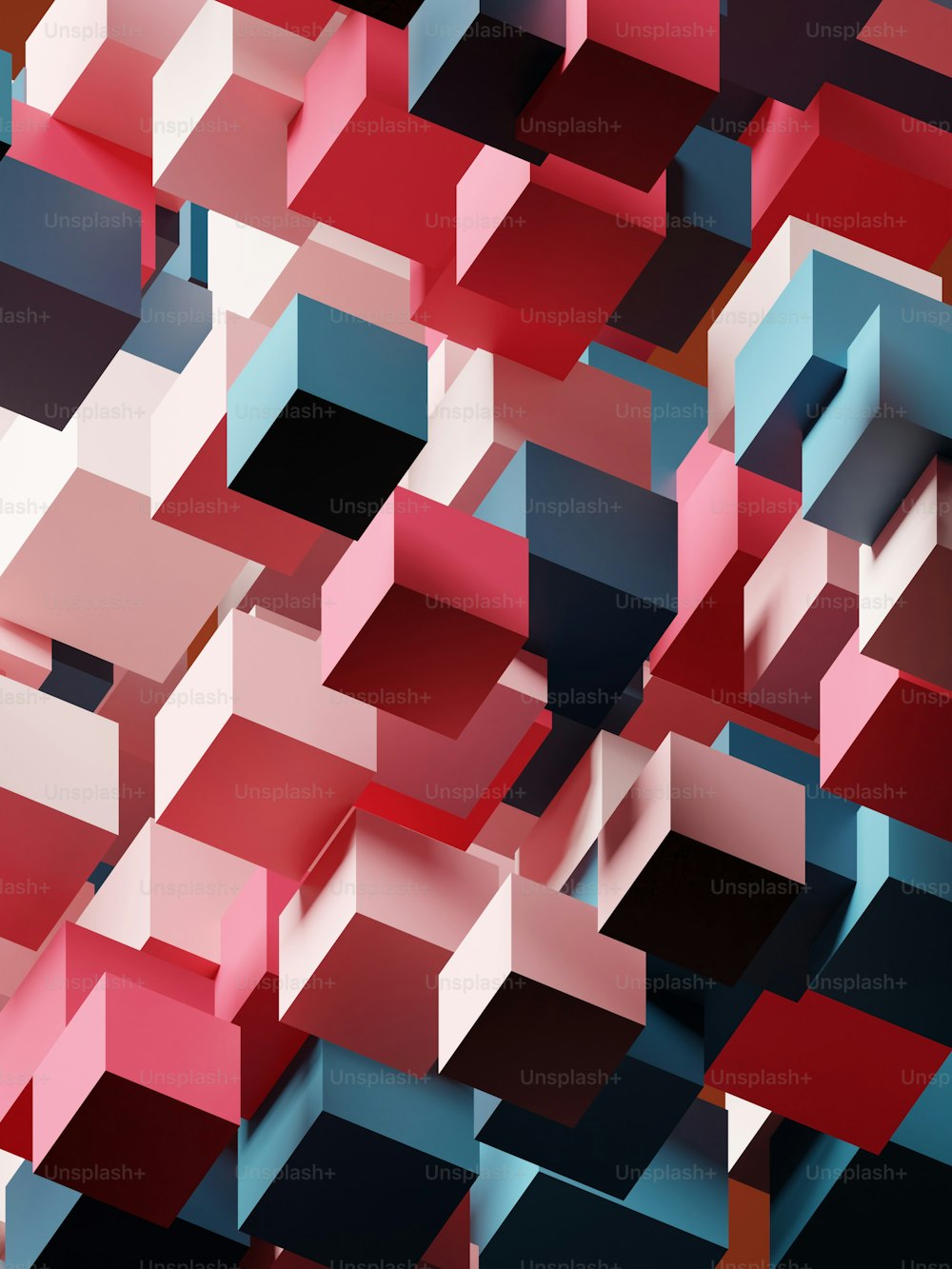 Ein abstrakter Hintergrund aus roten, rosa und blauen Würfeln