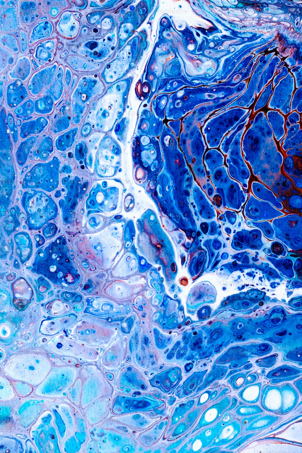 um close up de uma substância fluida azul e vermelha