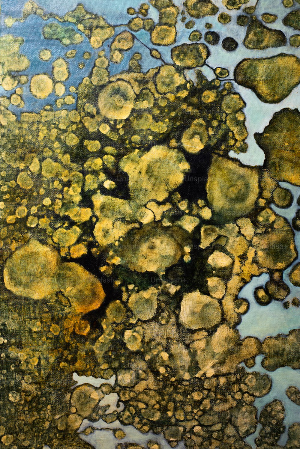 a painting of yellow and brown bubbles in water