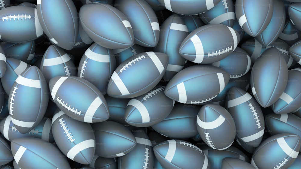 Una gran pila de balones de fútbol azules y blancos